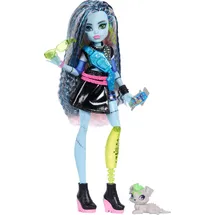 Monster High Monster High-Puppe, Frankie Stein in bauchfreiem Pullover und schwarzem Lederrock mit Hund Watzie und 7 Zubehörteilen (JHK31)