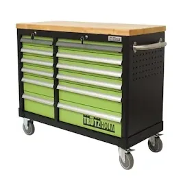 Baumarktplus Werkstattwagen DELUXE 12 Schubladen unbestückt 123 cm Breite mit massiver Arbeitsplatte