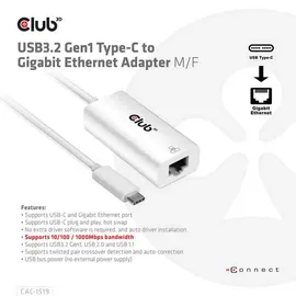 Club 3D USB 3.2 Gen2 Typ-C auf Gigabit Ethernet LAN Adapter 0,2m schwarz