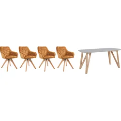 Essgruppe SALESFEVER, grau (grau, natur, goldfarben, natur), Samtvelours, Essgruppe 5 tlg. 180x90cm, MDF, Massivholz, Polyester, Sitzmöbel-Sets, (5-tlg.), Tischbreite 180 cm, Stühle 180 drehbar, mit Samtverlours