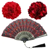 KIRZAX 2 rote Pfingstrosen-Haarnadeln und 1 Fächer, Kunstblumen, Flamenco-Stil, große Haarklammern für dickes und dünnes Haar, tropische Strandhaarspangen für Frauen und Mädchen