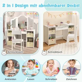 Costway Kinder Schminktisch & Stuhl Set, 2-in-1 Prinzessin Spiel Schminktisch Set mit 3 Abnehmbaren Spiegeln, Weiß - Weiß