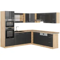 Vicco Eckküche R-Line, Anthrazit Hochglanz/Goldkraft Eiche 237 x 247 cm ohne Arbeitsplatte