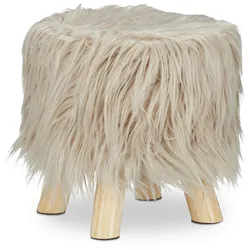 Relaxdays Fell Hocker, flauschig, 4 Holzbeine, gepolsterter Fußhocker, Kunstfell, rund, Dekohocker HxD: 31x31 cm, braun