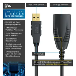 CSL USB 3.0 Typ A Verlängerungskabel, Aktives Repeater Kabel mit Signalverstärkung - 5m