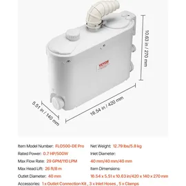 Vevor Hebeanlage, 500 W, 110 L/min Durchfluss, 8 m Förderhöhe, Schmutzwasserpumpe mit 4 Wassereinlässen, Abwasserhebeanlage für Küche, Keller, Dusche, Waschbecken, Waschküche,