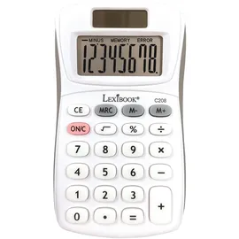 Lexibook - 8-stelliger Taschenrechner - Grund- und Speicherfunktion - Weiche Silikonschlüssel für Büro, Schule, Zuhause - Solar & Batterien - Weiß/Grau - C208