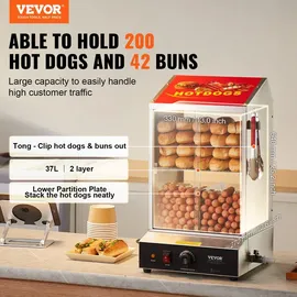 Vevor Hot Dog Dampfgarer, 37L, 2-stufiger Hot Dog Hütten-Dampfgarer, 30°C~85°C Temperaturregelung, elektrischer Brötchenwärmer mit Schiebetüren aus gehärtetem Glas, Trennplattenzange, Edelstahl, -