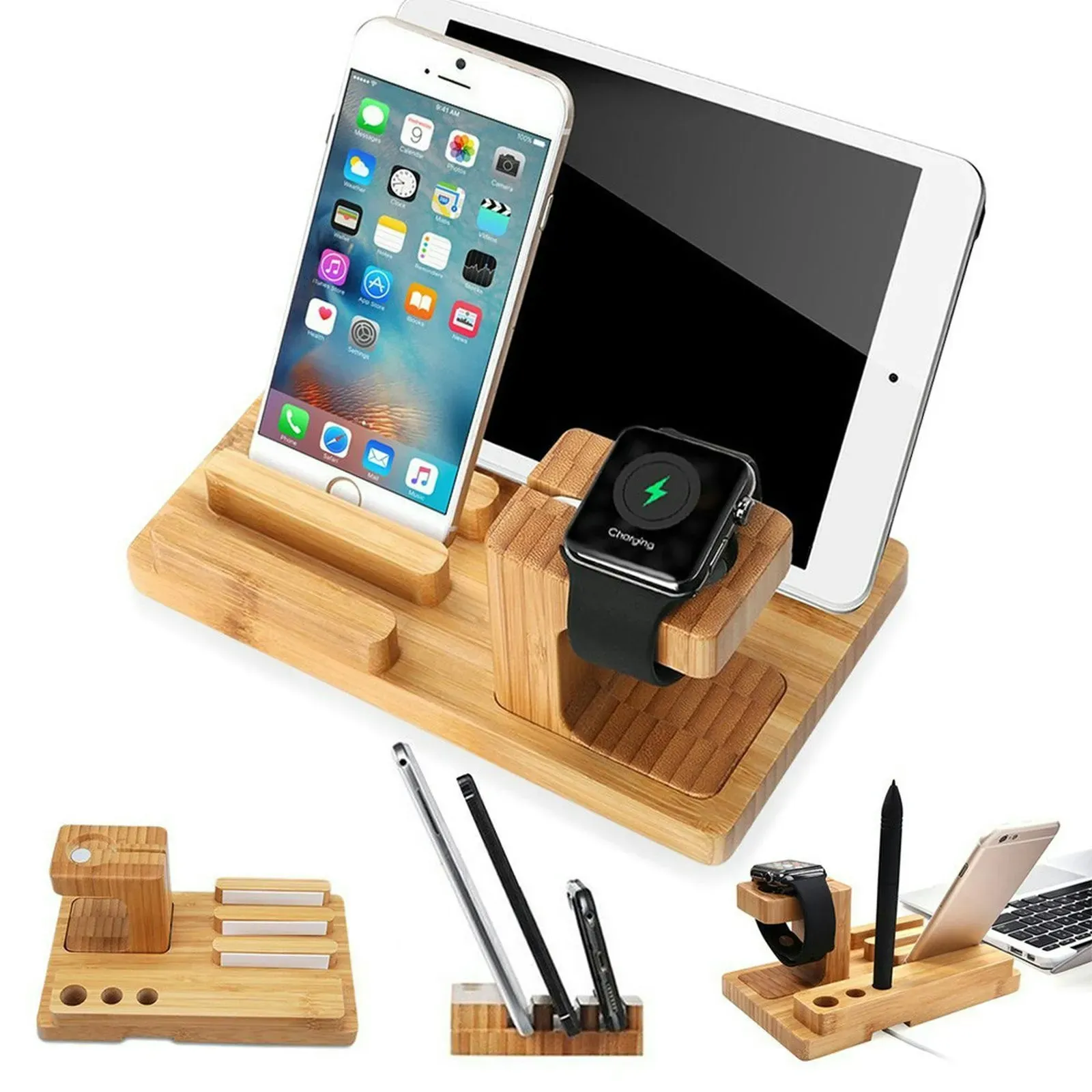 Lobwerk Handy Tablet Holz Organizer Multi Ständer Universal Ladestation für Smartphone, iPhone, iPad, E-Reader und Mehr Birke