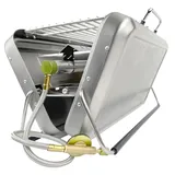 GARDINGER BBQ 42 mobiler Koffergrill aus Edelstahl für Gaskartuschen Holzkohle | Klappbarer Camping-Grill für Picknick Outdoor mit Grillzange | 31x20x7 cm