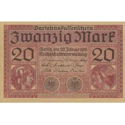 Darlehenskassenschein 20 Mark 1918 kassenfrisch