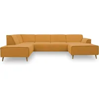 DOMO. collection Wohnlandschaft Jules FK, skandinavisches Sofa mit Federkern, Couch in U-Form mit Holzfüßen, 333 x 191 x 81 cm (BxTxH), Longchair links, gelb