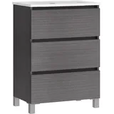 Baikal TRIX 50 cm Badezimmermöbel, 3 Schubladen, bodenständig, mit Keramikwaschbecken, Melamin 16, Asche-Finish, Maße: 50 x 75 x 39 cm, Möbel montiert