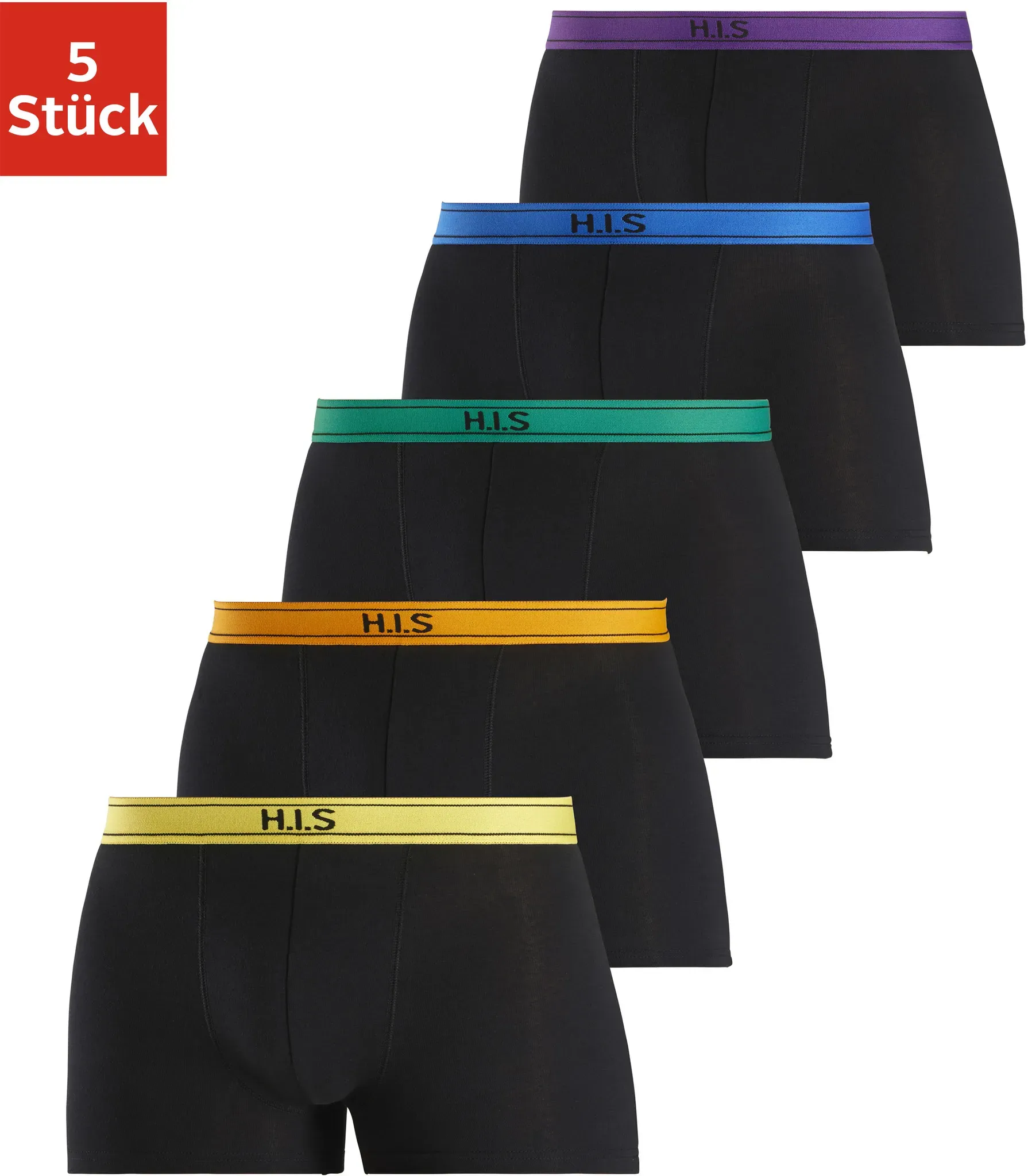 H.I.S Boxer, (Packung, 5 St.), mit Steifen und Logo im Bund H.I.S schwarz-lila / schwarz-blau / schwarz-grün / schwarz-gelb / schwarz-orange XL