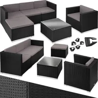 tectake® Poly Rattan Lounge, Outdoor Gartenmöbel Set mit Sofa, Sessel, Hocker und Tisch, variabel kombinierbar, Möbel wetterfest für 4-5 Personen, Balkonmöbel, Gartenlounge, Terrassenmöbel - schwarz