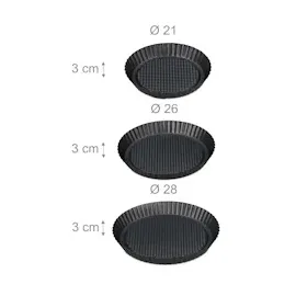 Relaxdays Obstbodenform, 3er Set, Ø 21/26/28 cm, Biskuitboden Backform, antihaft, Vertiefung, Kuchenbodenform, anthrazit