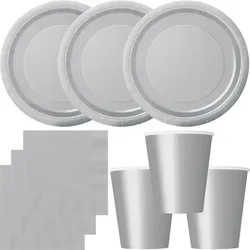 Party Deko Set silber Einweggeschirr für 16 Personen Teller, Becher, Servietten