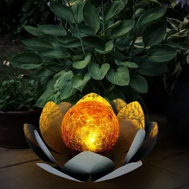 GLOBO Solarleuchte Flammen Design Außen Solarblume Aussen Lotusblume Solar Crackle Glas, grau, LED Leuchtmittel, 1x Lotusblume 1x Flammen Design, 2er Set