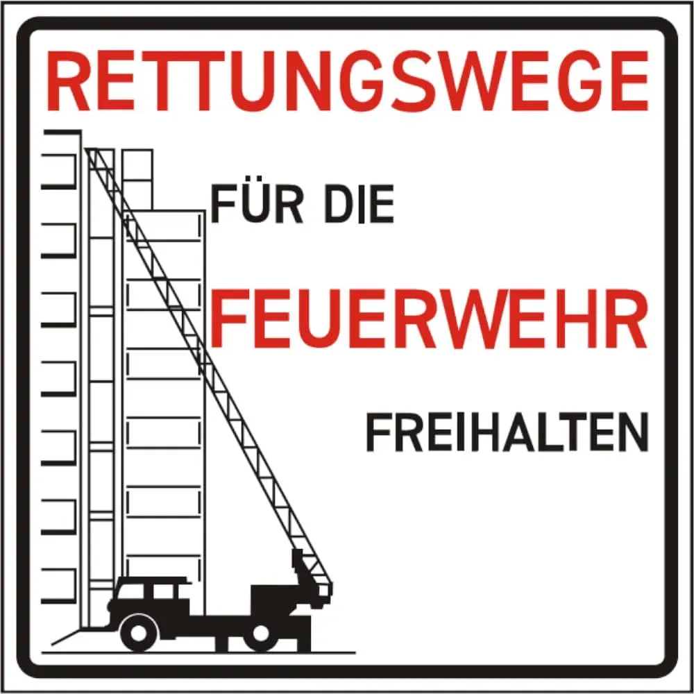 Kombischild, Rettungswege für die Feuerwehr freihalten und Symbol Leiterwagen