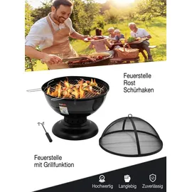 LUND Feuerstelle mit Grillfunktion Ø57cm Grill | Feuerschale aus Stahl inkl. Rost, Deckel & Schürhaken Gartenkamin Bbq Outdoor Lagerfeuer Terrassenofen