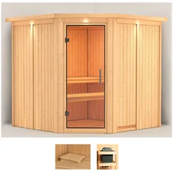 Sauna KARIBU "Jarin", beige (naturbelassen), ohne Ofen, (ohne Ofen), Saunen, ohne Ofen