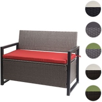 Poly-Rattan 2er Sitzbank HWC-F39, Gartenbank Truhenbank, Staufach Aufbewahrung Sitzkissen ~ grau-meliert, Kissen rot