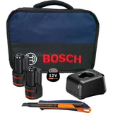 Bosch / Starter-Set 12V / 2x 3,0 Ah Akku + Ladegerät GAL 12V-20 inkl. WS24 Cuttermesser 9 mm im Softbag