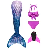 FOLOEO Meerjungfrauenflosse Mädchen Meerjungfrau Flosse für Kinder mit Bikini Set und Monoflosse, 4 Stück Set - 140