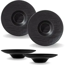 Tiefe Schalen - 2 Stück 27 cm / 250 ml   Schwarze Pastateller, Natursteintextur