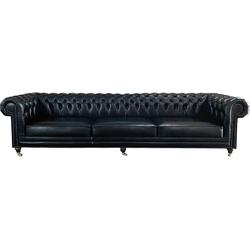 Casa Padrino Luxus Chesterfield Leder Sofa Vintage Schwarz - Echtleder Wohnzimmer Sofa mit Rollen - Luxus Chesterfield Möbel