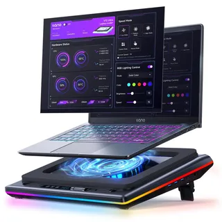 llano V12 Ultra Laptop Cooler Kühlpad mit intelligenter Softwaresteuerung, RGB Gaming Laptop Kühler intelligente Temperaturregelung 5,5 Zoll Turbo Lüfter, 3*USB 3,0 Anschlüsse für 15,6-21 Zoll Laptops