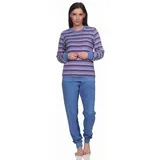 Normann Pyjama Damen Frottee Schlafanzug mit Bündchen in eleganten Streifendesign blau 52-54