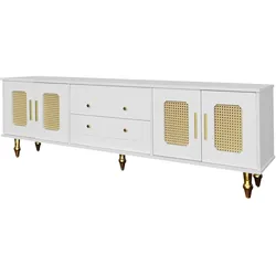 Merax Lowboard, TV-Möbel im Retro-Stil, goldene Griffe, viel Stauraum,  Mit Glastür und Beinen aus Massivholz  , Weiß