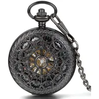 JewelryWe Herren Taschenuhr Retro Spinnennetz Design Handaufzug mechanische Kettenuhr Skelett Uhr mit Halskette Kette Umhängeuhr Schwarz