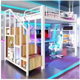 Odikalo Hochbett Jugendbett Doppelbett Metallbett 140×200 mit LED (Metall Gitter zum Aufhängen von Gegenständen mit LED-Lichtleiste Treppenkonstruktionen mit Stauraum Ohne Matratze)