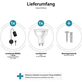 ledscom.de Leselampe WAIKA mit Schwanenhals, Stecker, Schalter schwarz matt, inkl. GU10 LED Lampe 450lm LED GU10 Lampe, warm-weiß