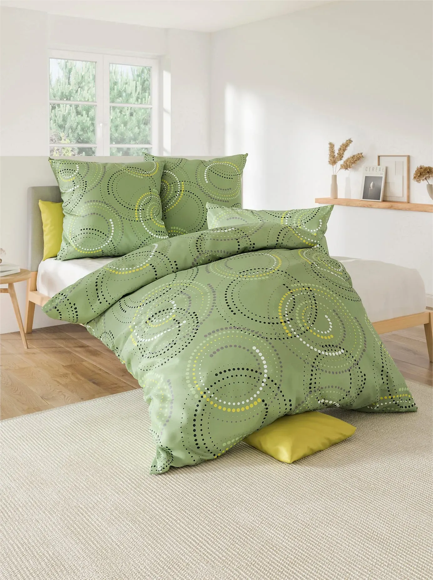Bettwäsche WÄSCHEPUR Gr. 1, eucalyptus, grau, bedruckt, B/L: 135cm x 200cm, Feinbiber, B/L: 80cm x 80cm, 2 tlg., Feinbiber, 100% Baumwolle, Bettwäsche, Bettwäsche