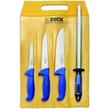 Friedr. Dick DICK ErgoGrip 4-teilig (Ausbeinmesser 13 cm „schmal“, Stechmesser 18 cm, Blockmesser, 21 cm, Wetzstahl FineCut, HRC 56°) 82555000, Blau