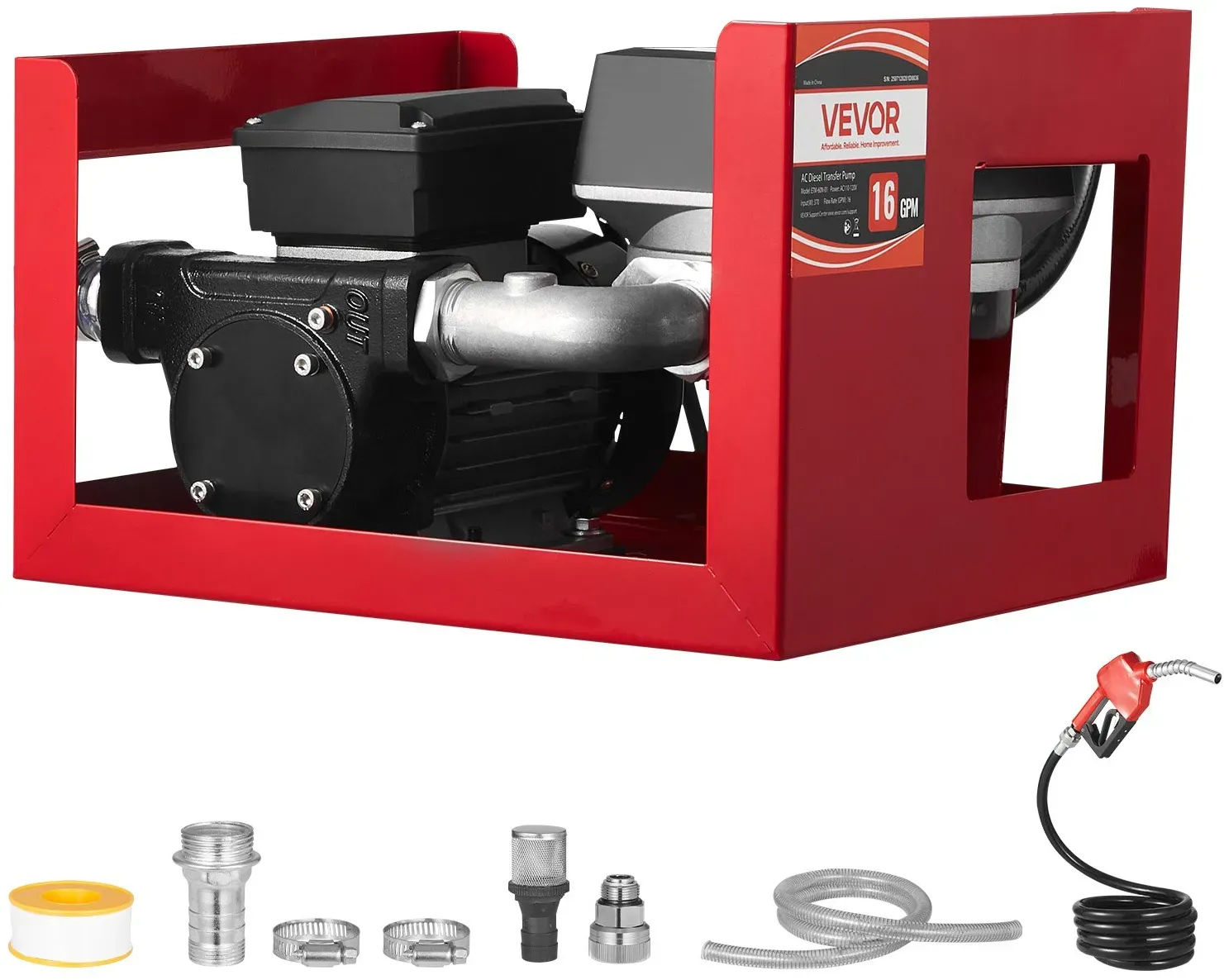 VEVOR Kraftstofftransferpumpe, elektrische Diesel-Transferpumpe, 60L/min, mit Durchflussmesser, automatisch abschaltender Kraftstoffdüse, 2 Schläuchen, 13,7m Förderhöhe, für Kerosin, Biodiesel
