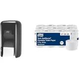 Tork Doppelrollenspender & Toilettenpapier Bundle: Doppelrollenspender für Hülsenloses Toilettenpapier, Schwarz + Tork OptiServe Hülsenloses Toilettenpapier, Advanced, 2‐lagig, 24 × 820 Blatt