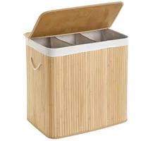 Mondeer Wäschekorb mit Deckel, Wäschesammler aus Bambus, 3 Fächern, 150L, Wäschebox mit abnehmbarem Deckel, mit waschbarem Futter, für Waschküche, Schlafzimmer, 61.5 x 40 x 60 cm Naturfarben