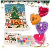 Lucadeau Adventskalender Duftkerzen mit 24 Düften & Botschaften - ideal als Weihnachtsgeschenk (Duftkerzenset aus Sojawachs – 24 Weihnachtliche Düfte & liebevolle Botschaften), inspiriert von Nordheide & Schwarzwald, handgegossen mit Liebe beige|gelb|grün
