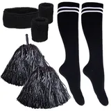 Cheerleader Set | Accessoires Pompons Kniestrümpfe Schweißbänder | Zubehör-Set Kostüm Damen (schwarz) - Einheitsgröße