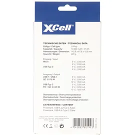 XCell Powerbank X10000PD mit 10.000mAh Kapazität, USB-C PD3.0, Quick-Charge, LED-Display, 2x USB-Ausgang 1x USB-C-Ausgang