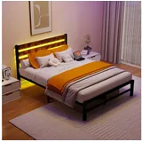 HOMERECOMMEND Metallbett mit MDF-Kopfteil, Lattenrost und LED-Beleuchtung (1-tlg), Integrierte 2 USB-Anschlüsse für bequemes Laden am Bett braun|schwarz 140 cm x 207 cm x 96 cm