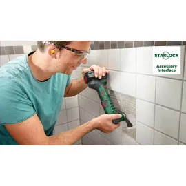 Bosch UniversalMulti 18V-32 ohne Akku + 1x Schleifplatte + 6x Schleifblätter + 1x Tauchsägeblatt + 1x Segmentsägeblatt + 1x Tiefenanschlag