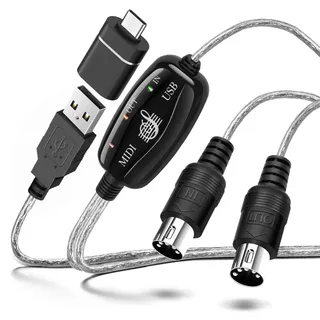 TNP 2m MIDI Kabel, USB MIDI Interface, 5-polig DIN MIDI auf USB Kabel, 2 in 1 Kabel Konverter, Interface für Music Studio, Piano Keyboard und Synthesizer auf Mac Computer PC Windows Laptop, 16 Kanäle