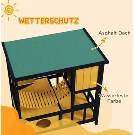 PawHut Katzenhaus aus Holz mit Hängebrücke für 1-2 Katzen bis 5 kg Gelb 84,5 x 60 x 88 cm