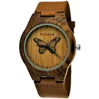 Holzwerk MONARCH Damen Holz Leder Armband Uhr mit Schmetterling Muster, braun