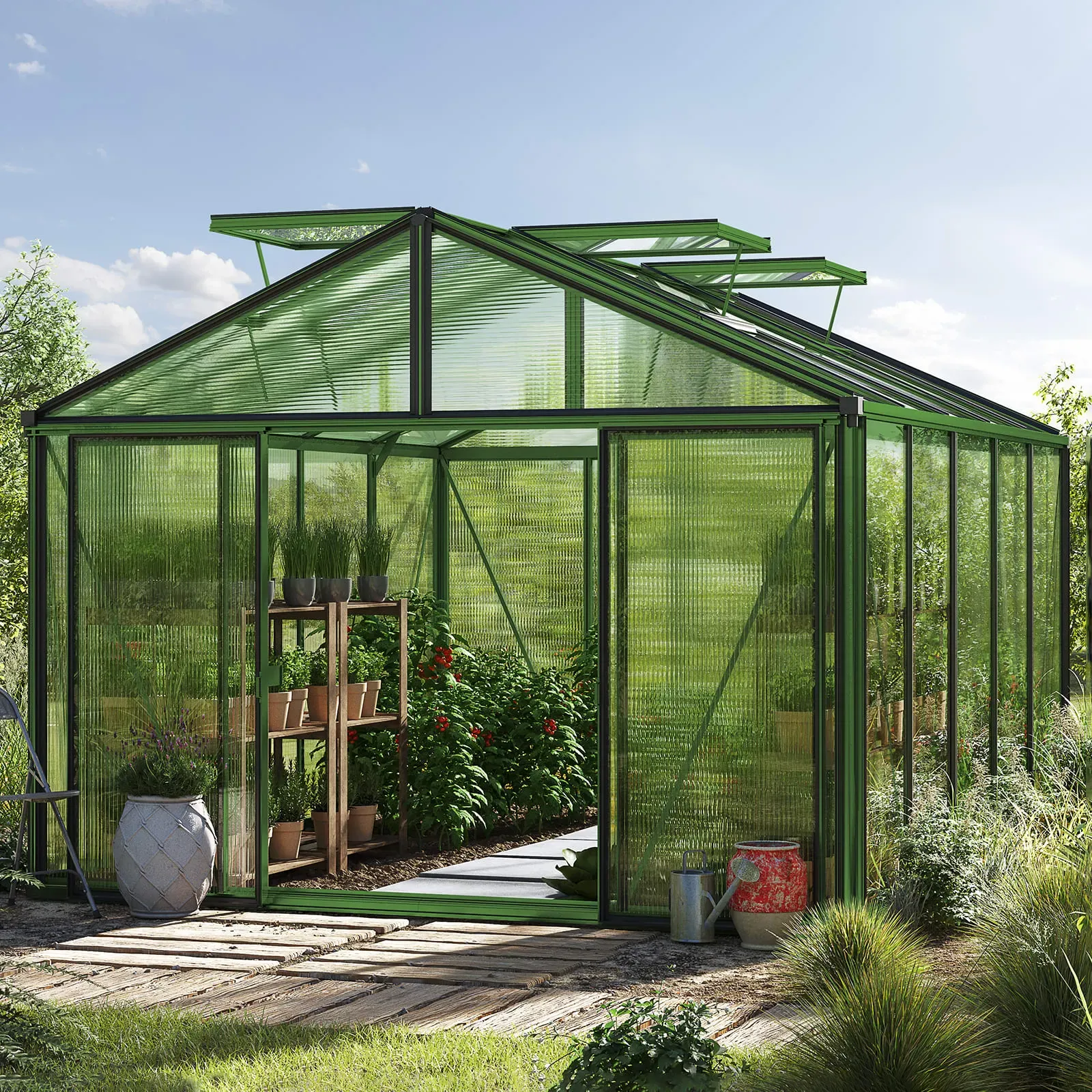GFP Profi 311 x 385 cm Gewächshaus, Pulverbeschichtet Grün, RAL 6005 | ohne Setangebot - (GFPV00260)